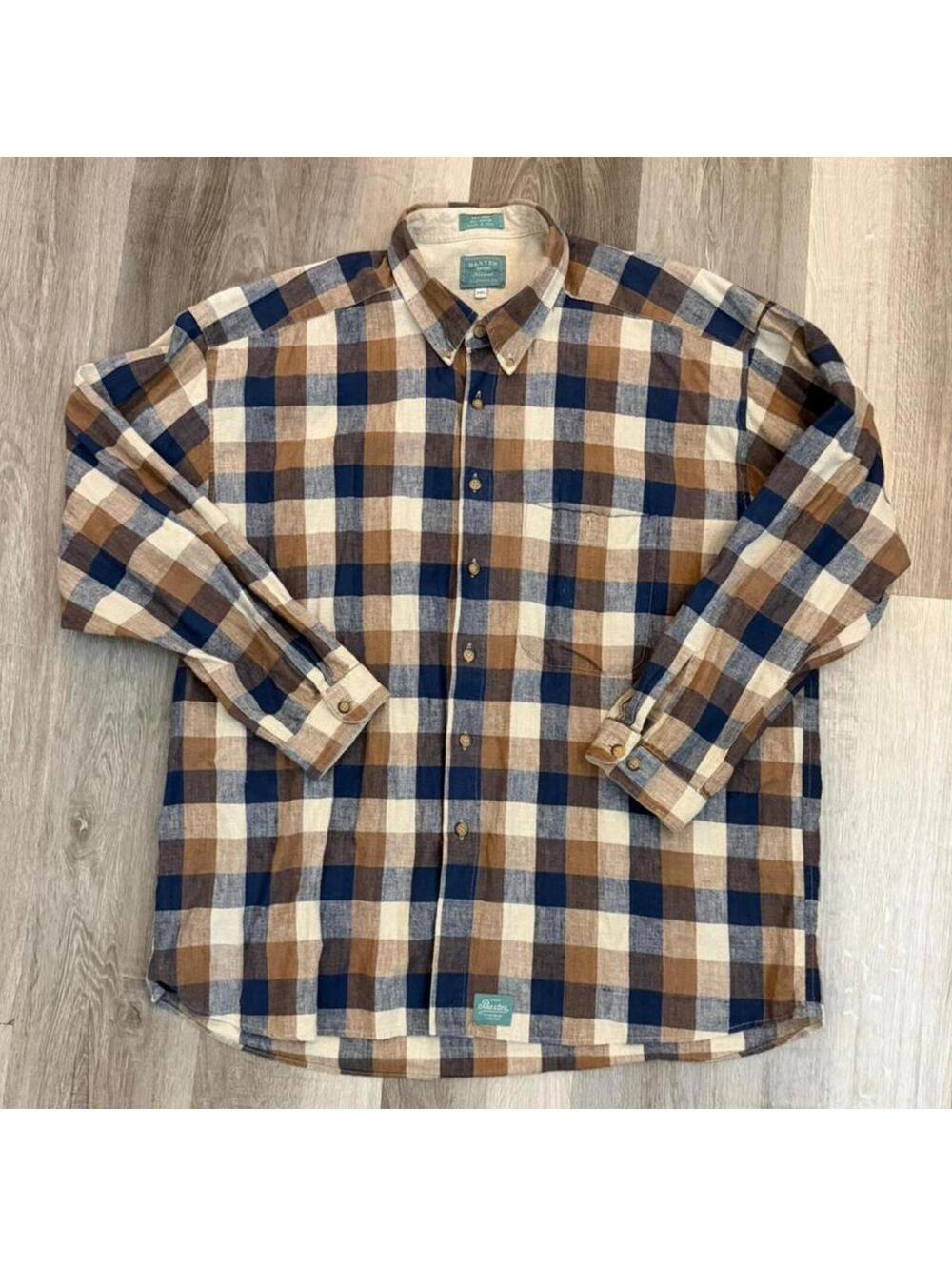 Vintage Baxter Brand Plaid blue and brown plaid button up shirt size XXL  #plaid